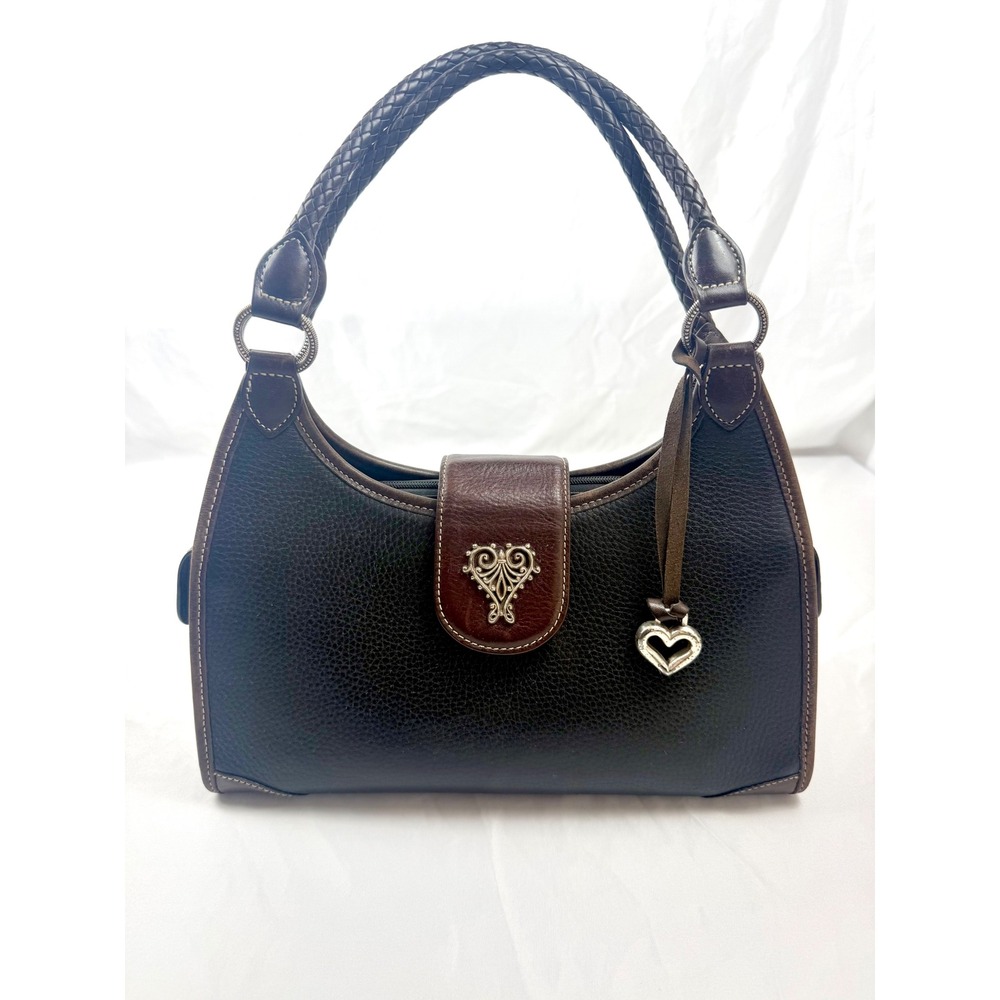 Vintage Brighton Black Leather Shoulder Bag Brown Trim Braided Handles Heart Y2K